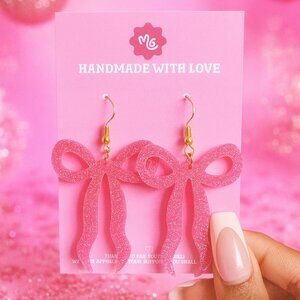Pink Glitter Bow Earrings — Cute Girly Statement Dangles